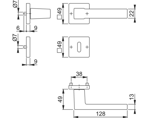 Technische tekening van een deurklink met afmetingen.