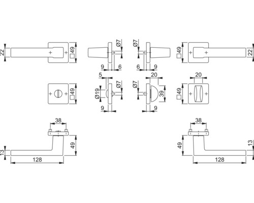 Technische tekening van een deurklink met afmetingen