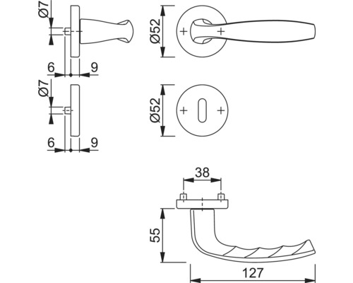 Technische tekening van een deurklink met afmetingen