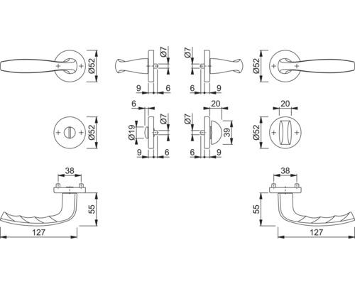 Technische tekening van een deurgreep met afmetingen