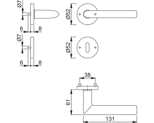 Technische tekening van een deurkruk met afmetingen