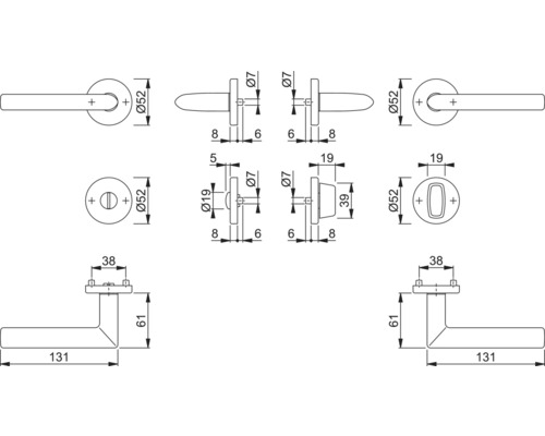 Technische tekening van een deurklink met maatvoering