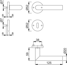Technische tekening van een deurklink met afmetingen