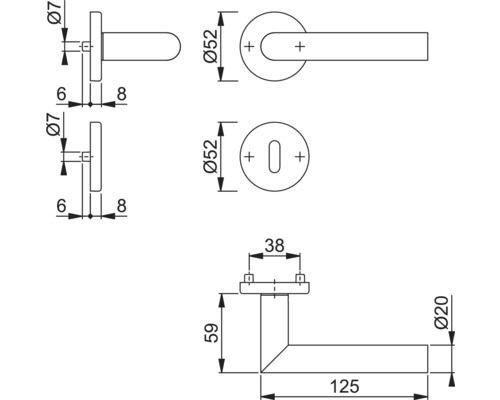 Technische tekening van een deurklink met afmetingen