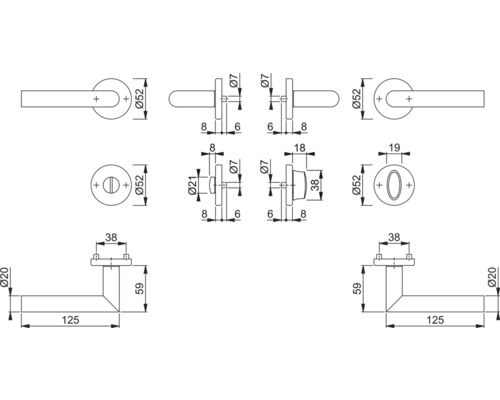Technische tekening van een deurkruk met afmetingen