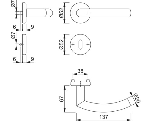 Technische tekening van een deurklink met afmetingen