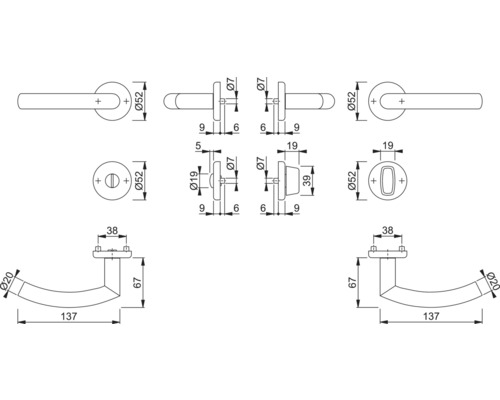 Technische tekening van een deurklinkset met afmetingen