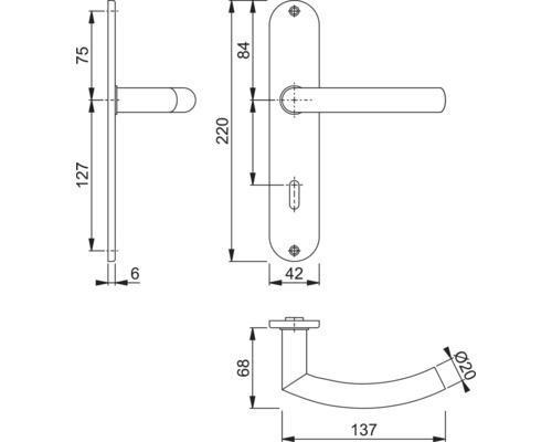 Technische tekening van een deurklink met afmetingen