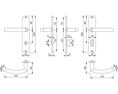 Technische tekening van een deurklink met afmetingen