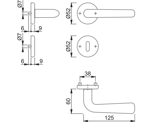 Technische tekening van een deurklink met rozet en afmetingen