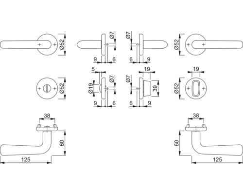 Technische tekening van een deurklink met afmetingen