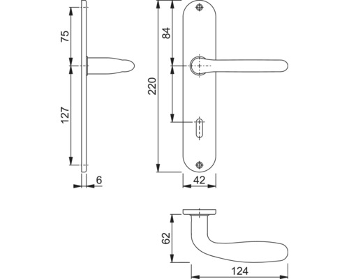 Technische tekening van een deurklink met afmetingen