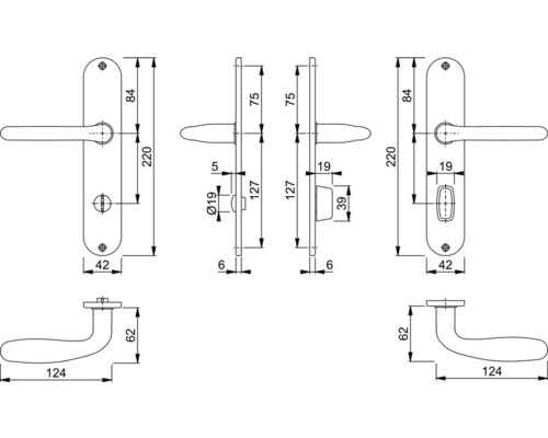 Technische tekening van een deurklink met afmetingen