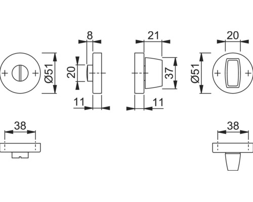 Technische tekening van een deurslot met afmetingen