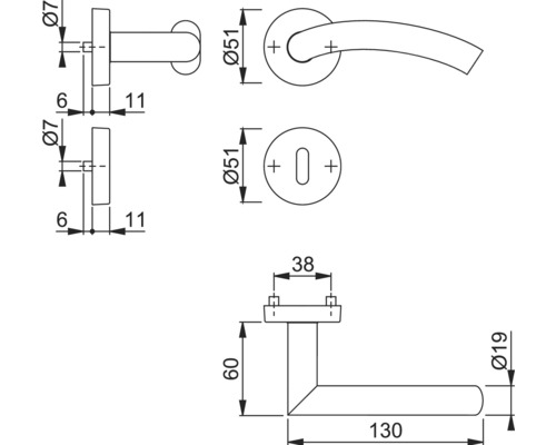 Technische tekening van een deurklink met afmetingen