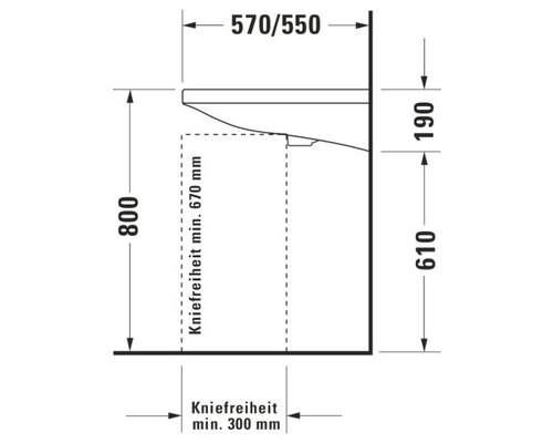 Technische tekening van een wastafel met afmetingen