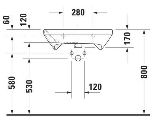 Technische tekening van een wastafel met afmetingen