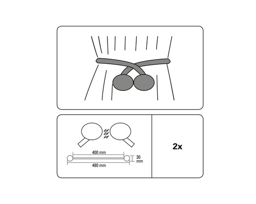Technische tekening van twee magnetische gordijnhouders met afmetingen