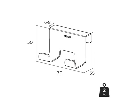 Technische tekening van een deurkapstok met de afmetingen 50 x 70 x 35 millimeter en een gewicht van 2 kilogram.