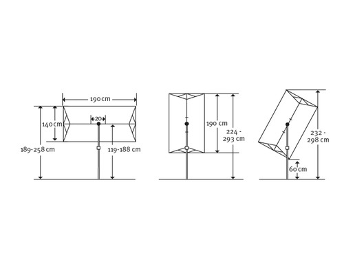 Technische tekening met maatvoering van een zonnescherm.