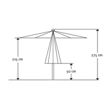 Technische tekening van een parasol met de afmetingen 275 cm hoogte, 215 cm schermhoogte en 92 cm doorloophoogte