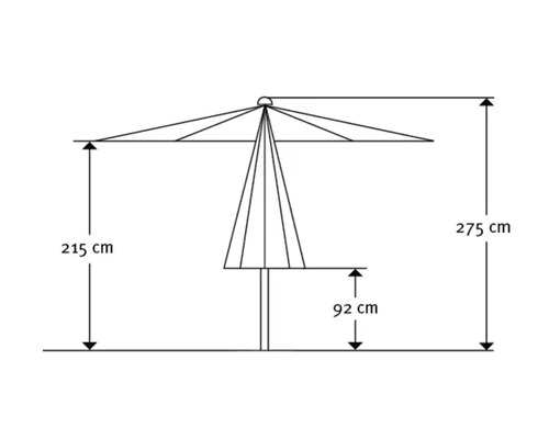 Technische tekening van een parasol met de afmetingen 275 cm hoogte, 215 cm schermhoogte en 92 cm doorloophoogte