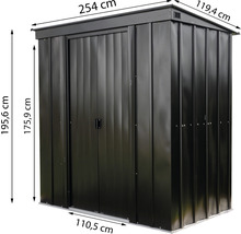 Metalen tuinhuis met dubbele deur en afmetingen