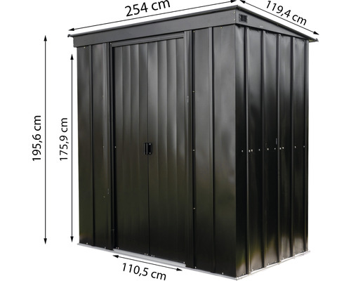 Metalen tuinhuis met dubbele deur en afmetingen