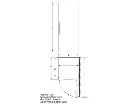 Afmetingen van een koelkast als schematische tekening