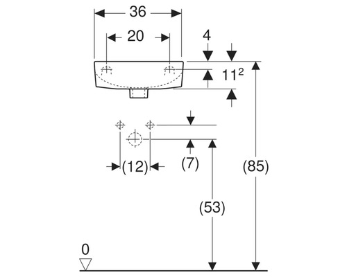 Technische tekening van een wastafel met afmetingen.