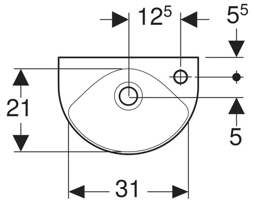 Technische tekening van een wastafel met afmetingen