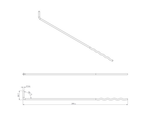 Technische tekening van een metalen staaf met gebogen uiteinde en gegolfd gedeelte