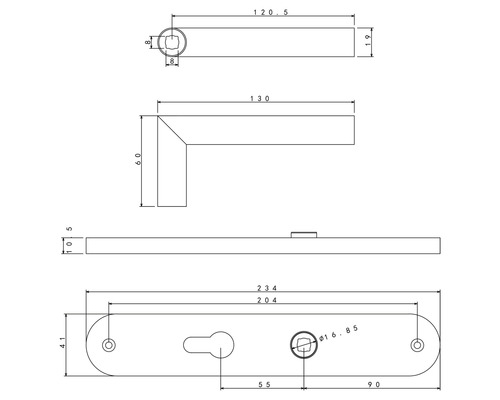 Technische tekening van een deurklink met maataanduidingen