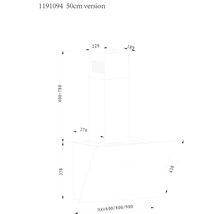 Technische tekening van een afzuigkap met afmetingen