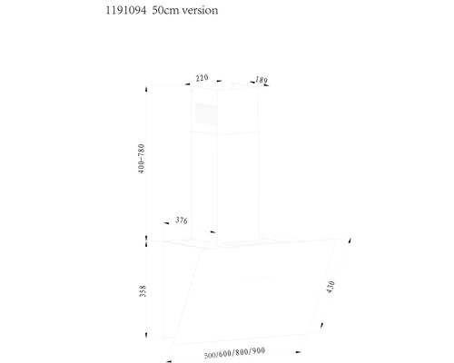 Technische tekening van een afzuigkap met afmetingen