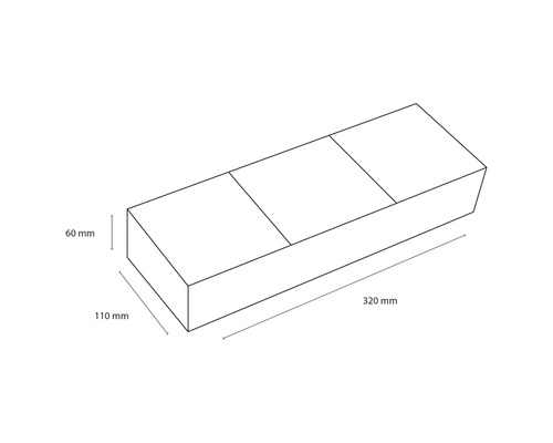 Technische tekening van een plantenbak met afmetingen van 320 mm lengte, 110 mm breedte en 60 mm hoogte.