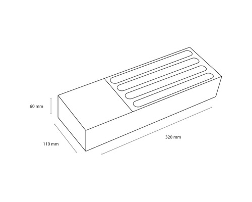 Technische tekening van een brievenbus met afmetingen van 60 mm hoog, 110 mm breed en 320 mm lang