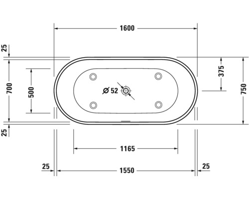 Technische tekening van een bad met afmetingen