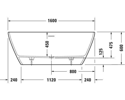 Technische tekening van een badkuip met maatvoering