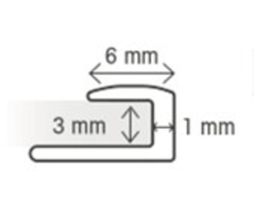 Profieltekening met afmetingen: 6 mm, 3 mm en 1 mm