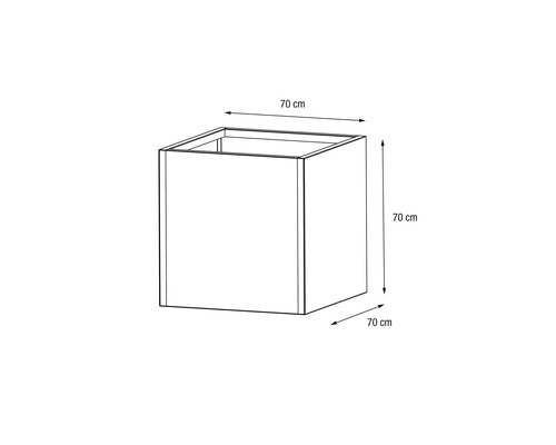 Vierkante wastafelonderkast met afmetingen van 70 bij 70 bij 70 centimeter.