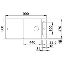 Technische tekening van een gootsteen met afmetingen