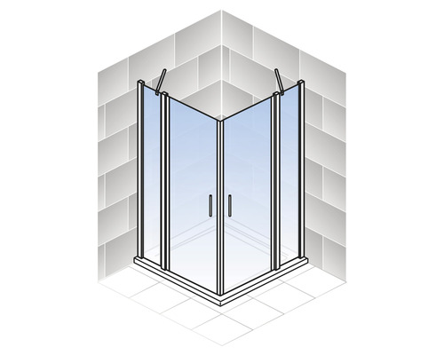 Hoekdouche met glazen deuren en handgrepen in badkameromgeving