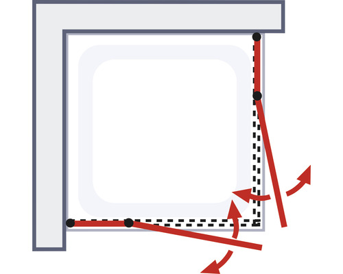 Afbeelding van een douchecabine met afdichtingen en rode pijlen om de afdichting te illustreren