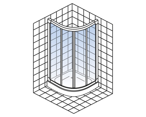 Hoekdouche met glazen wanden in een betegelde badkamer