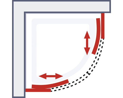 Schematische weergave van een douche met aanpassingsbereik