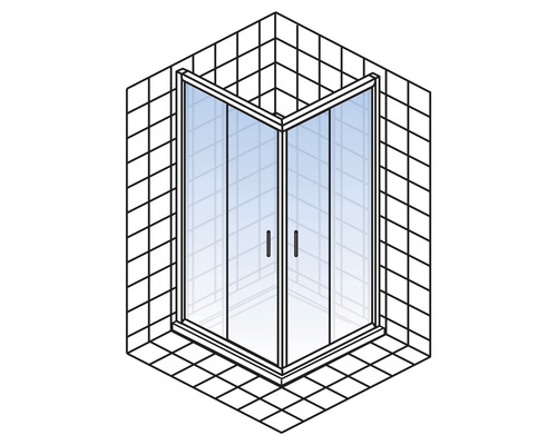 Hoekdouche met glazen deuren in een badkamer met tegels