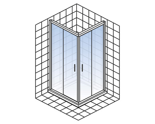Hoekdouche met twee glazen deuren in betegelde hoek