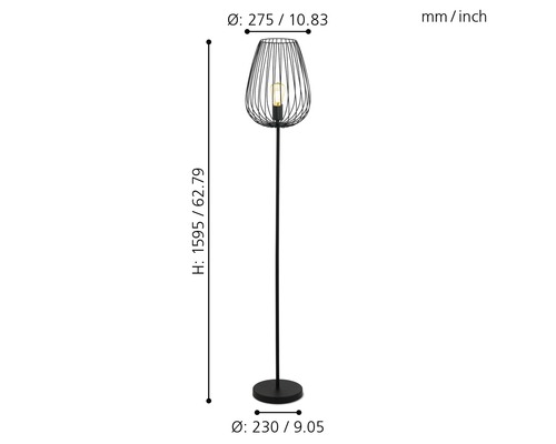 Afmetingen van een zwarte staande lamp met draadlampenkap
