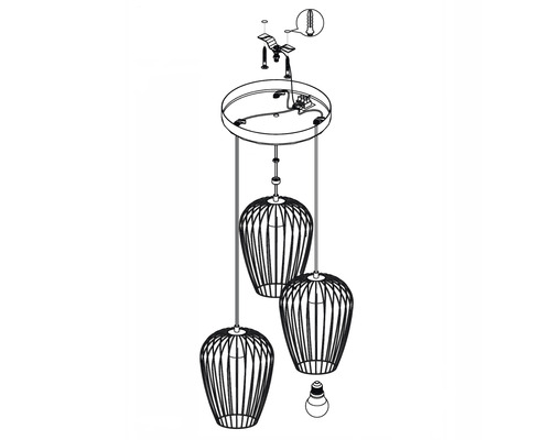Technische tekening van een hanglamp met drie lampenkappen en bevestigingsmateriaal